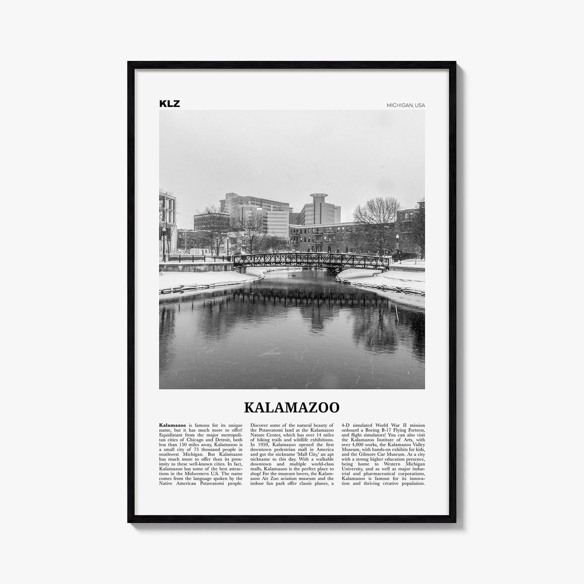 Kalamazoo black & white newspaper poster of Michigan, USA – vertical wall art, unframed print shown in interior mockup