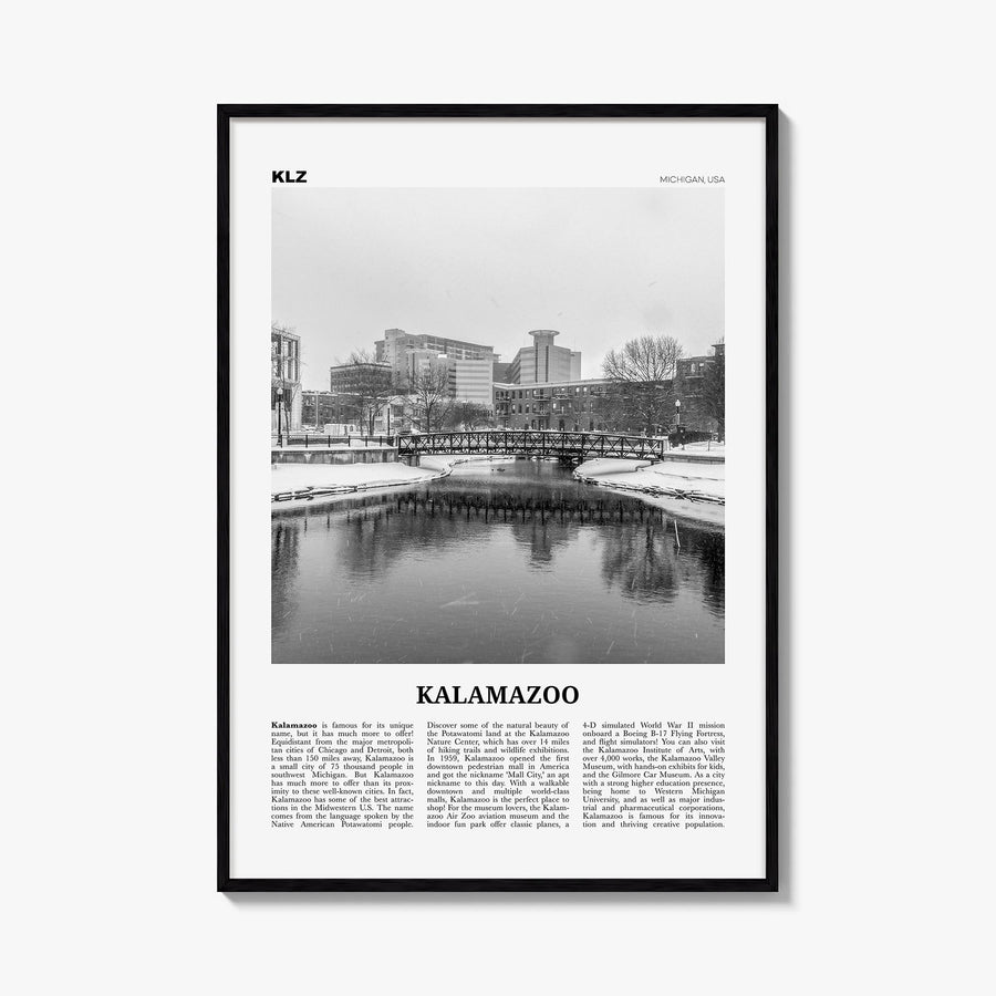 Kalamazoo black & white newspaper poster of Michigan, USA – vertical wall art, unframed print shown in interior mockup