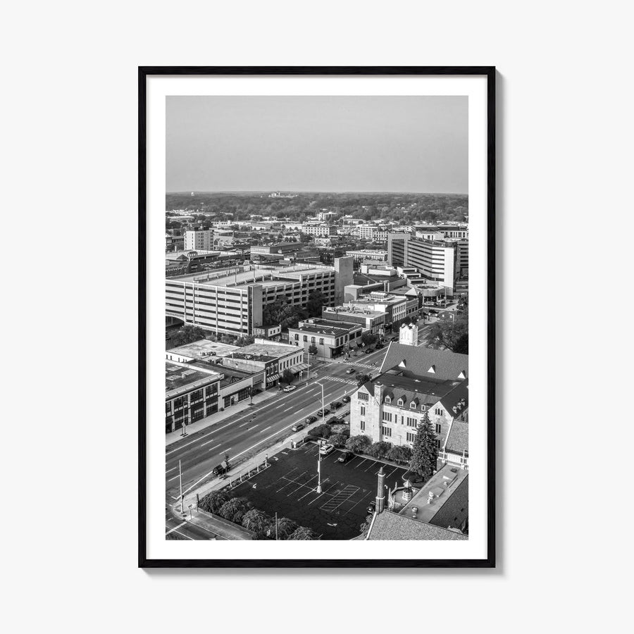 Kalamazoo black & white photo poster of Michigan, USA – vertical wall art, unframed print shown in interior mockup