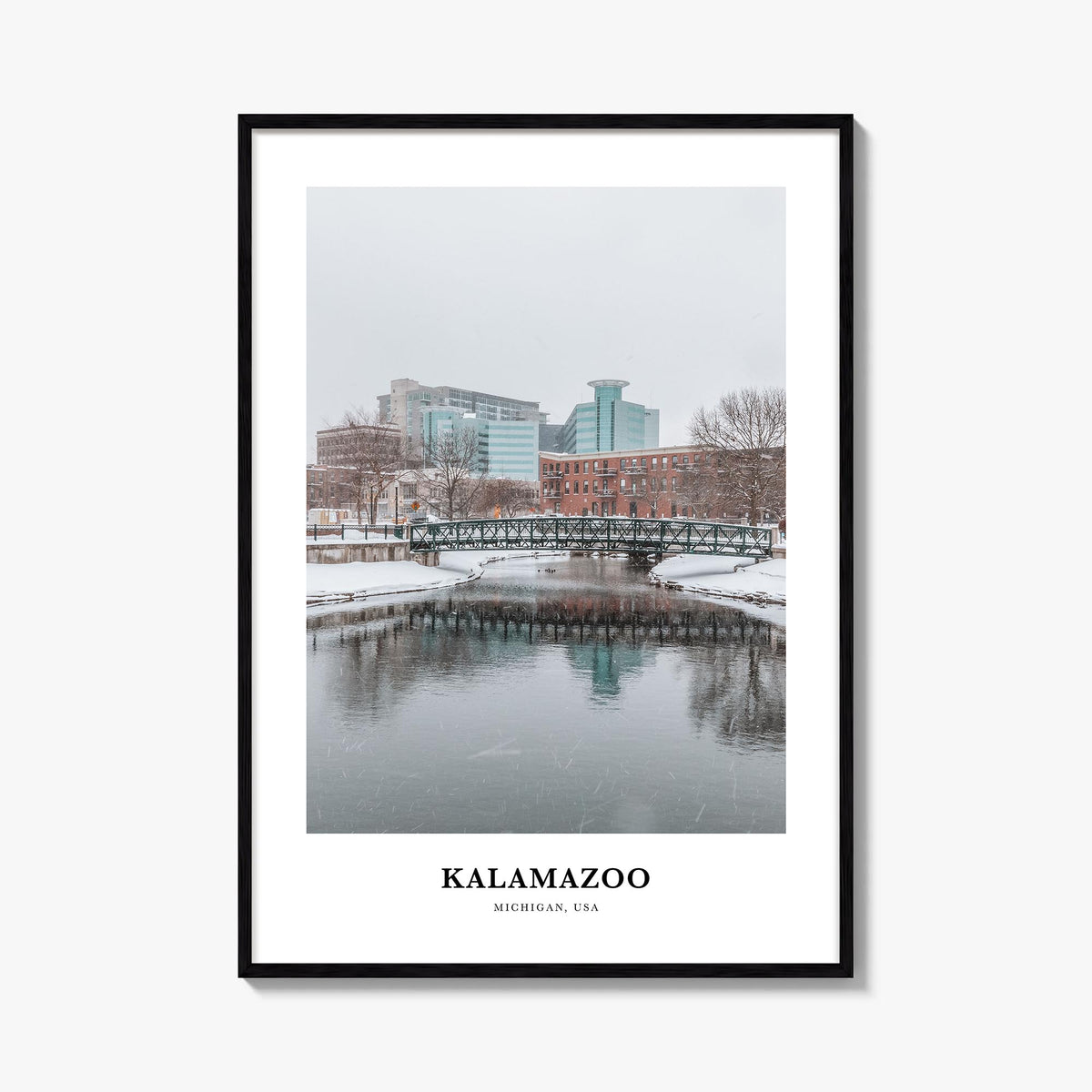 Kalamazoo colorful classic poster of Michigan, USA – vertical wall art, unframed print shown in interior mockup