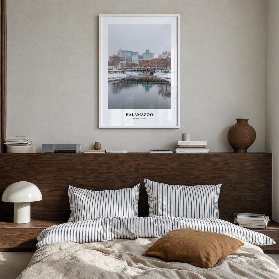 Kalamazoo colorful classic poster of Michigan, USA – vertical wall art in white wood frame, hanging on wall