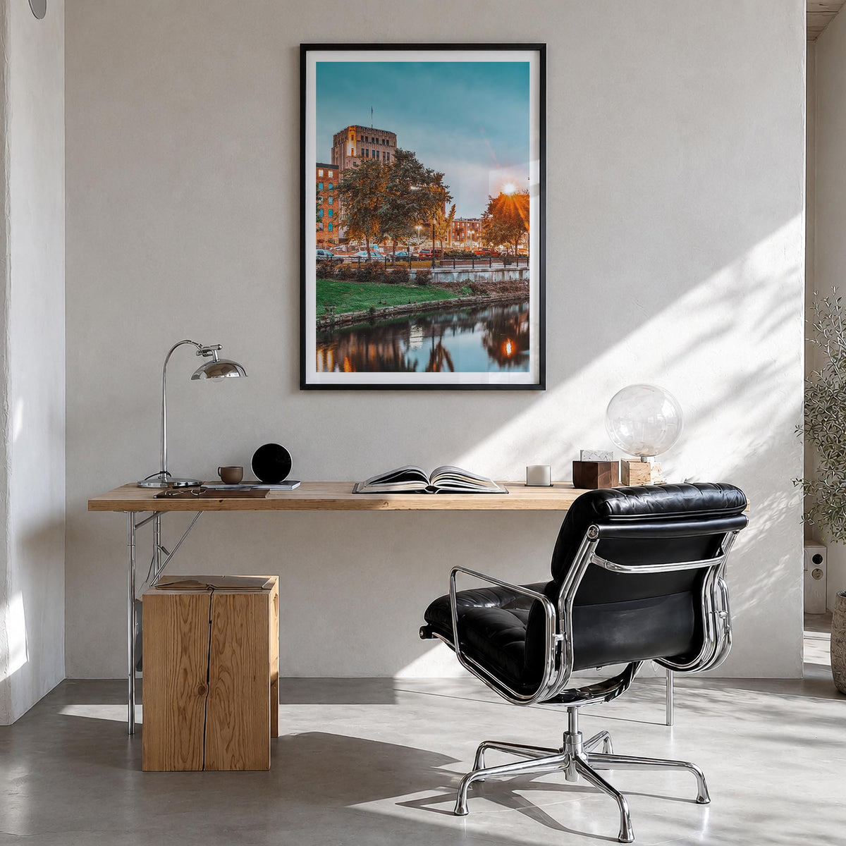 Kalamazoo colorful photo poster of Michigan, USA – vertical wall art in black wood frame with white border, hanging on wall