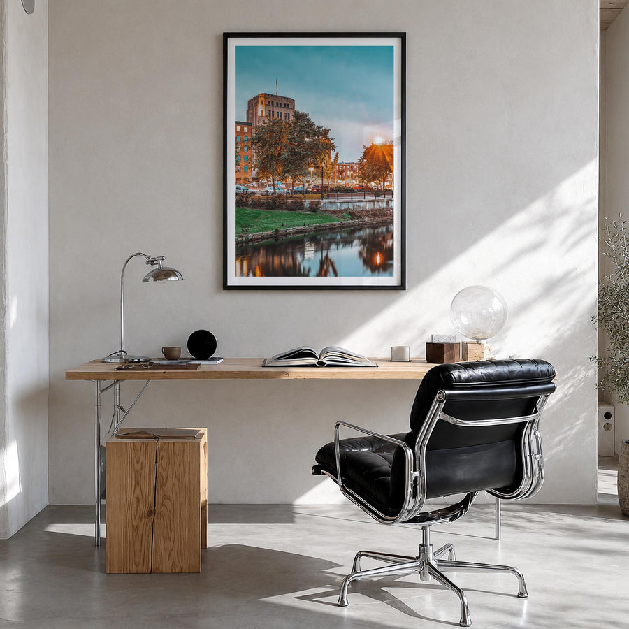 Kalamazoo colorful photo poster of Michigan, USA – vertical wall art in black wood frame with white border, hanging on wall