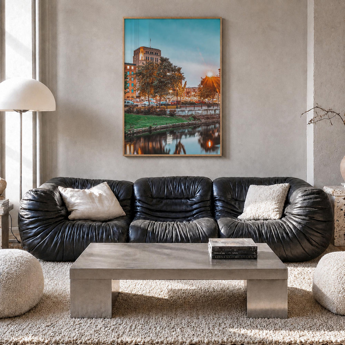 Kalamazoo colorful photo poster of Michigan, USA – vertical wall art in natural wood frame, hanging on wall