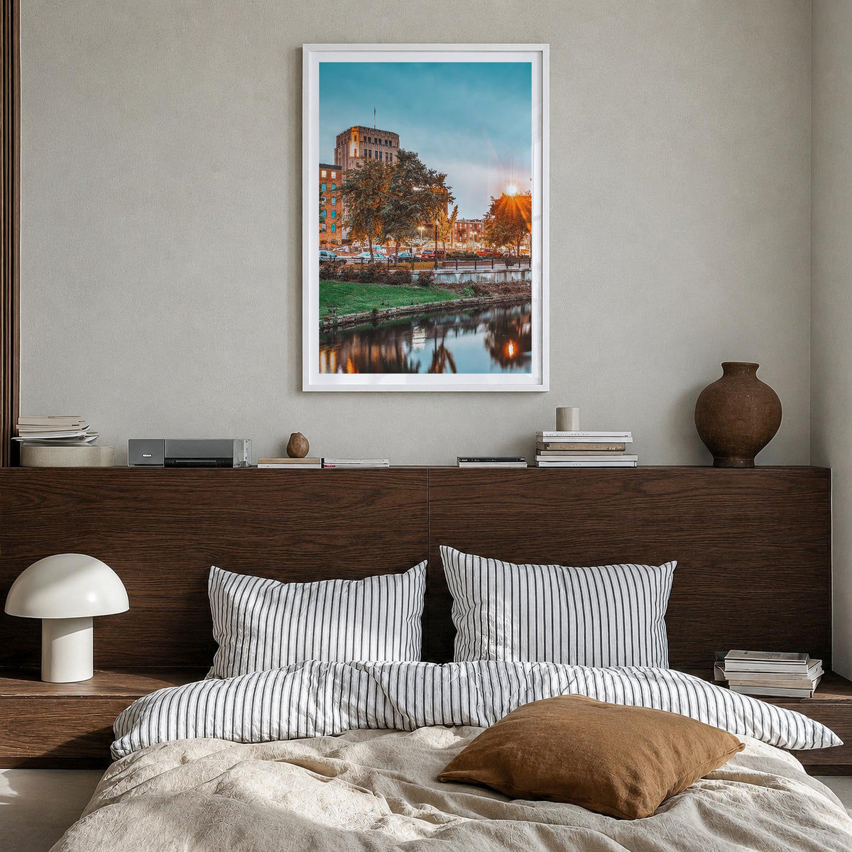 Kalamazoo colorful photo poster of Michigan, USA – vertical wall art in white wood frame with white border, hanging on wall