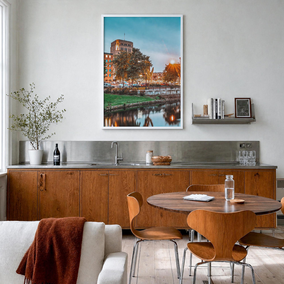 Kalamazoo colorful photo poster of Michigan, USA – vertical wall art in white wood frame, hanging on wall