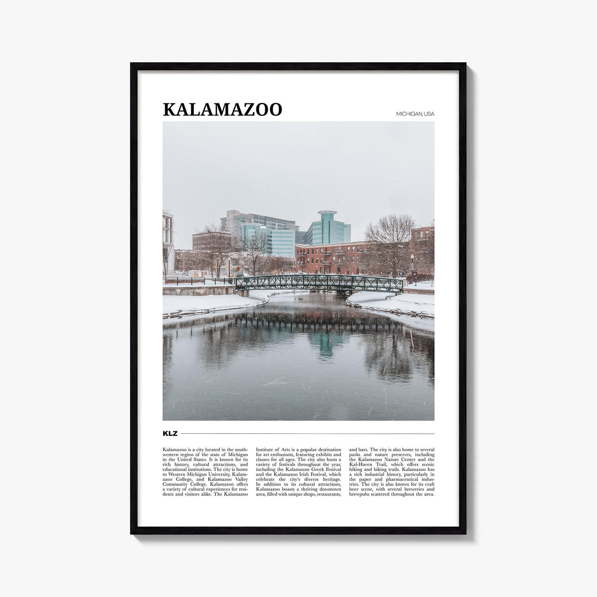 Kalamazoo colorful travel poster of Michigan, USA – vertical wall art, unframed print shown in interior mockup