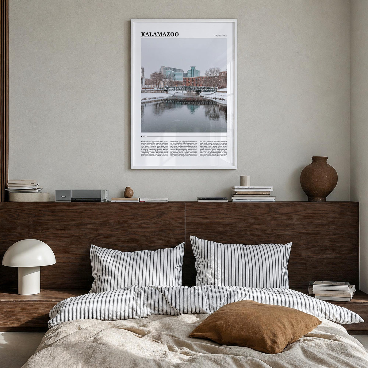 Kalamazoo colorful travel poster of Michigan, USA – vertical wall art in white wood frame, hanging on wall
