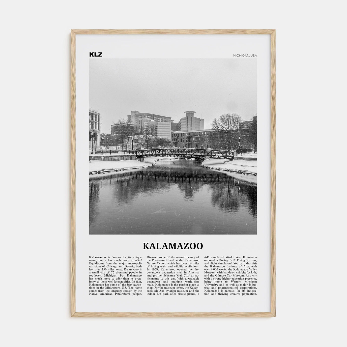 Kalamazoo Poster Natural Wood / 8x12 in Nbourhood Travel B&W Poster