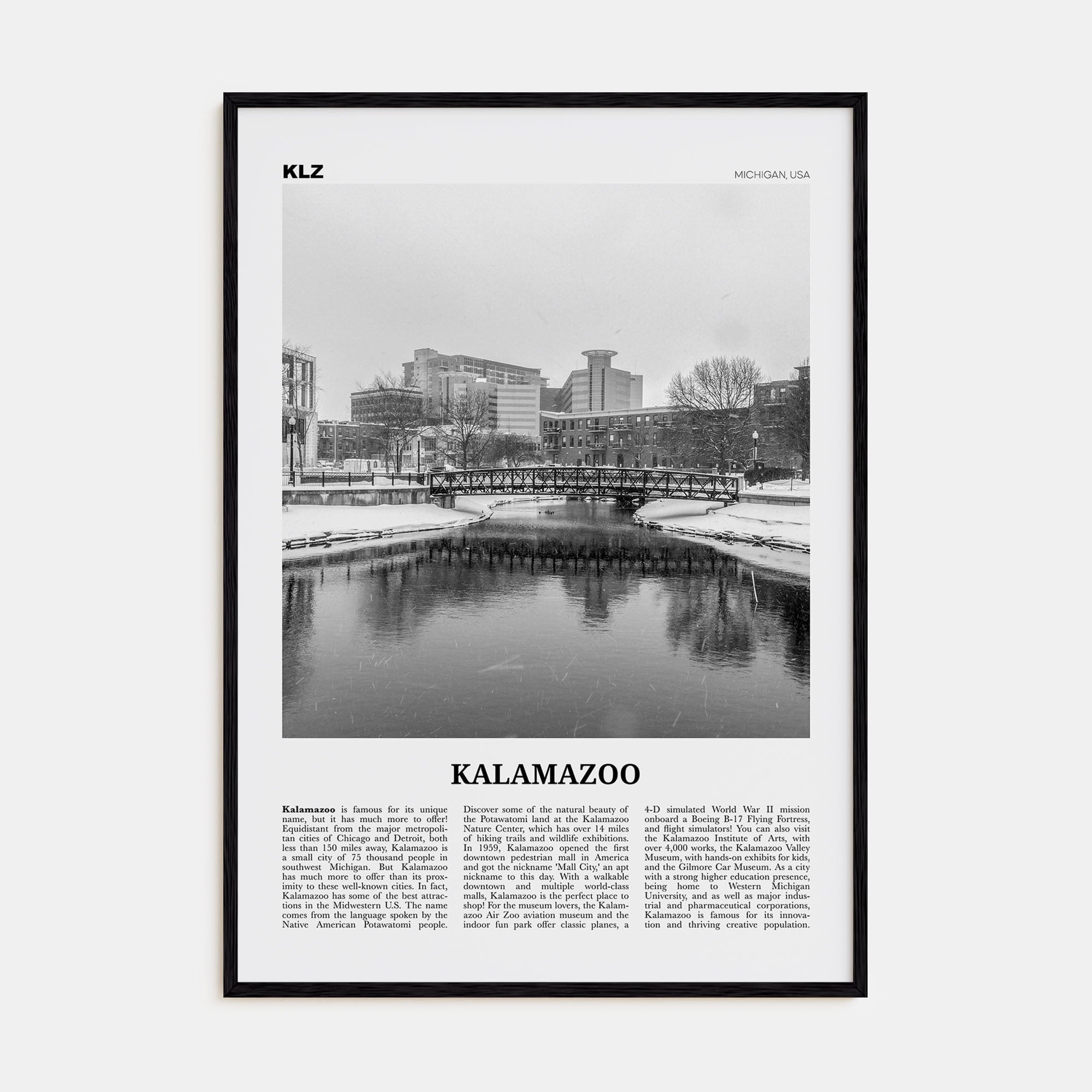 Kalamazoo Poster Black Wood / 8x12 in Nbourhood Travel B&W Poster