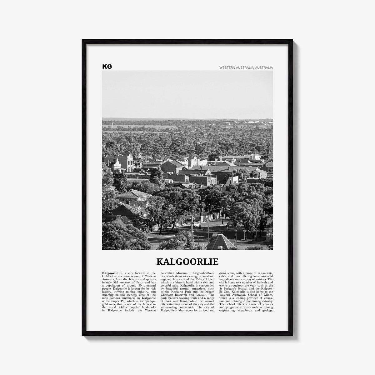 Kalgoorlie black & white newspaper poster of Australia – vertical wall art, unframed print shown in interior mockup