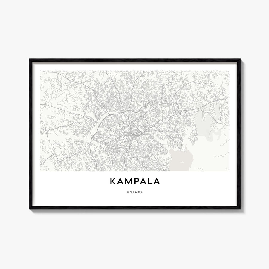 Kampala black & white map poster of Uganda – horizontal wall art, unframed print shown in interior mockup