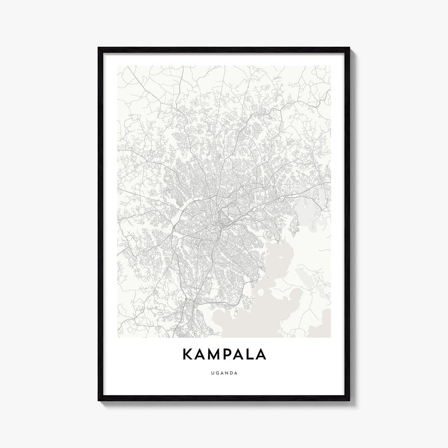 Kampala black & white map poster of Uganda – vertical wall art, unframed print shown in interior mockup