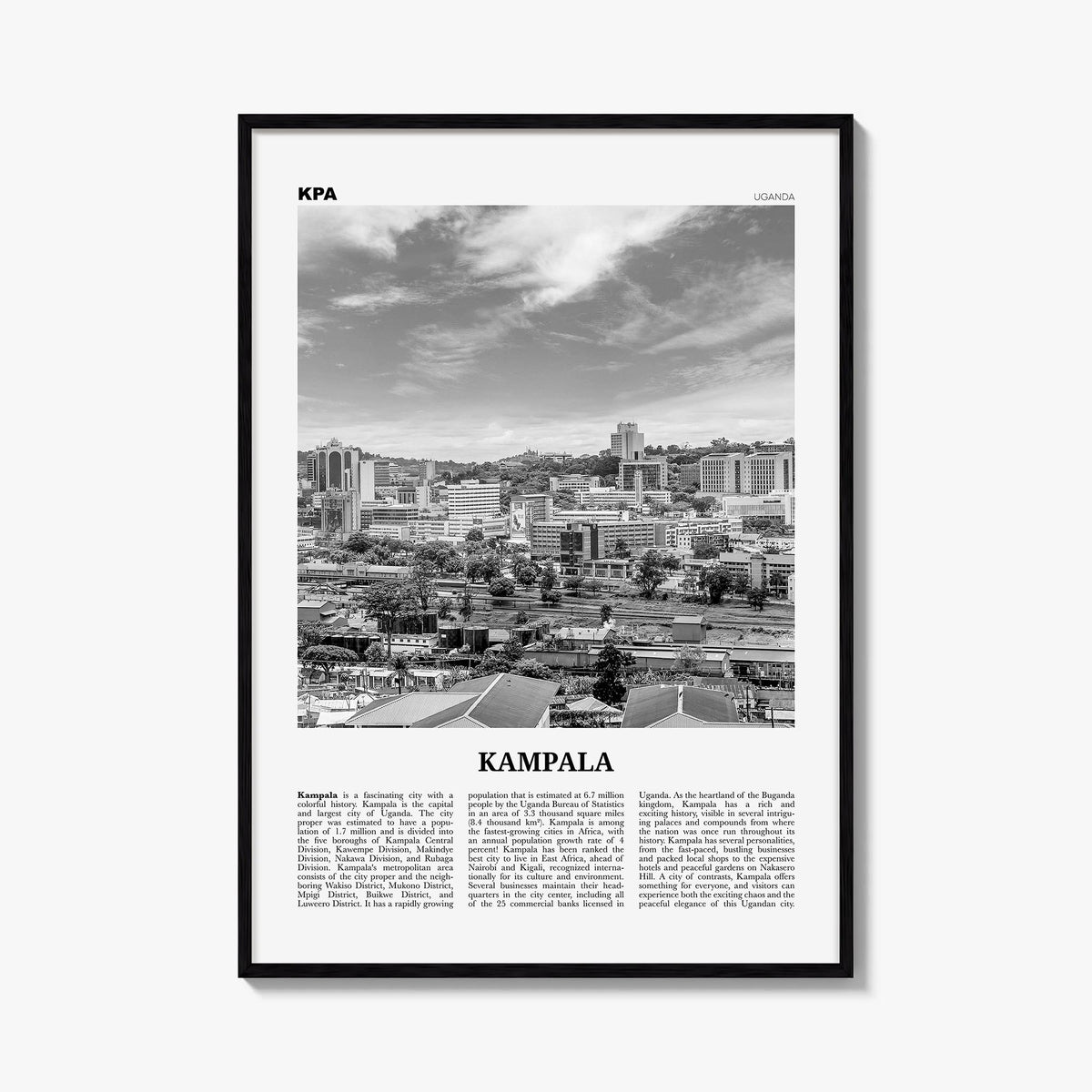 Kampala black & white newspaper poster of Uganda – vertical wall art, unframed print shown in interior mockup
