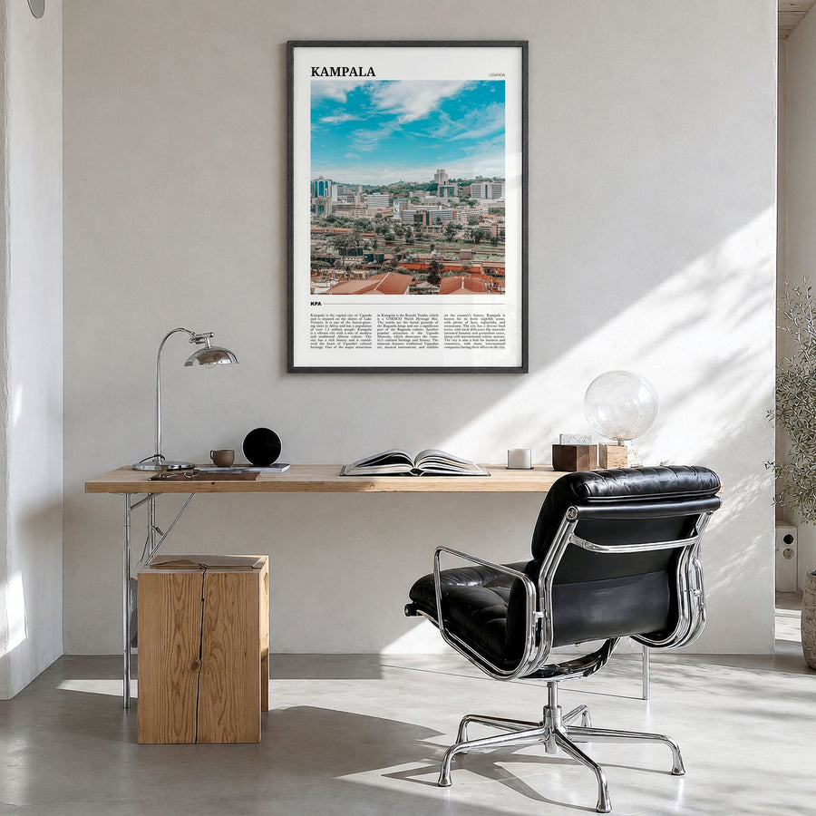 Kampala Travel Poster in a black wood frame, hanging in a bright home office
