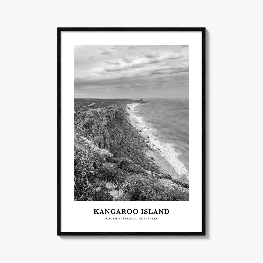 Kangaroo Island black & white classic poster of Australia – vertical wall art, unframed print shown in interior mockup