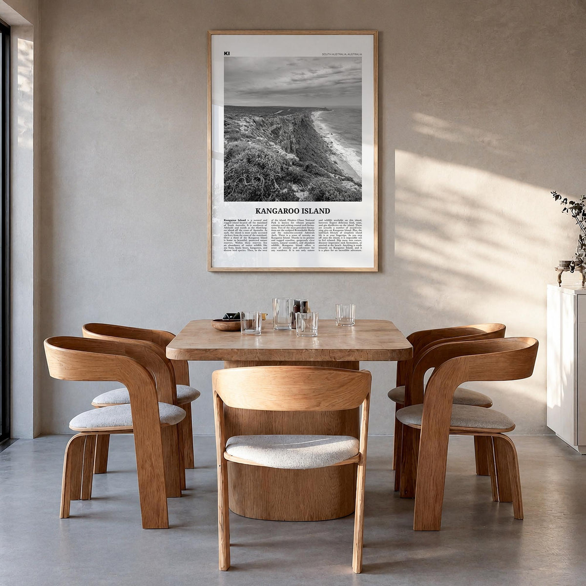 Kangaroo Island black & white newspaper poster of Australia – vertical wall art in natural wood frame, hanging on wall