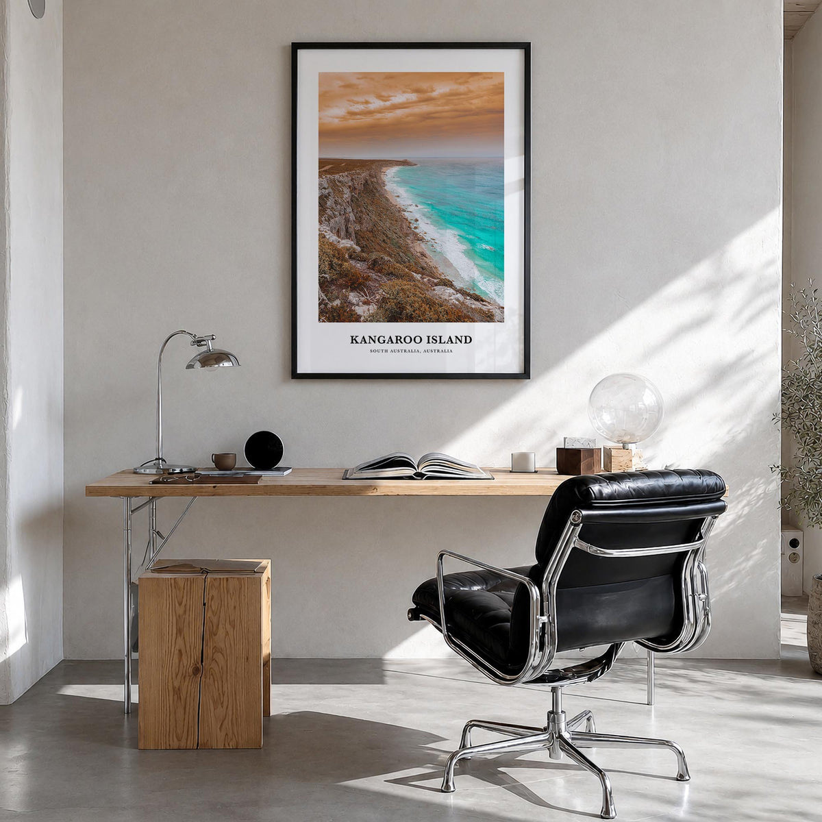 Kangaroo Island colorful classic poster of Australia – vertical wall art in black wood frame, hanging on wall