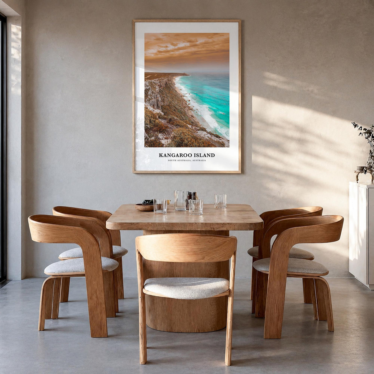 Kangaroo Island colorful classic poster of Australia – vertical wall art in natural wood frame, hanging on wall