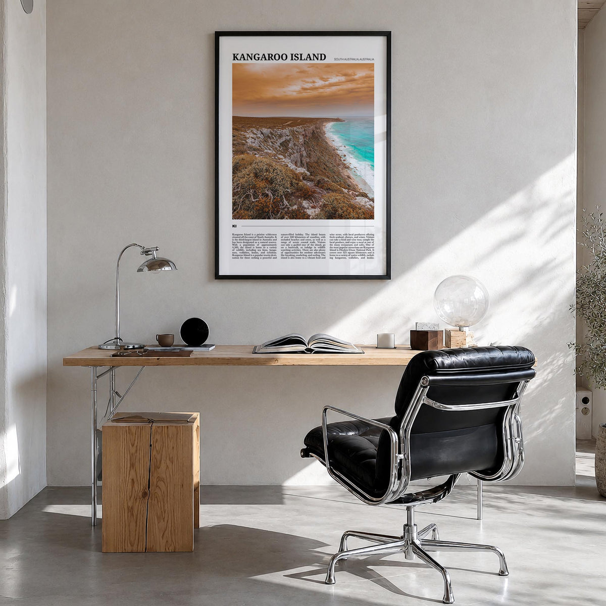 Kangaroo Island colorful travel poster of Australia – vertical wall art in black wood frame, hanging on wall