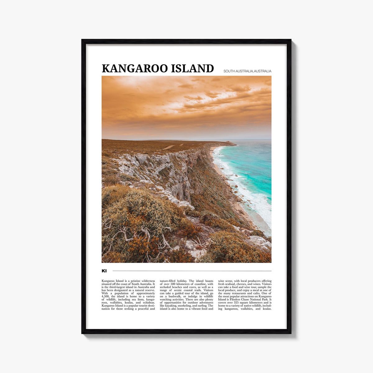 Kangaroo Island colorful travel poster of Australia – vertical wall art, unframed print shown in interior mockup