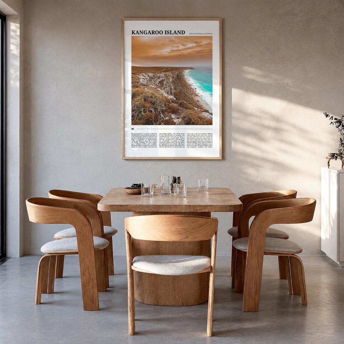 Kangaroo Island colorful travel poster of Australia – vertical wall art in natural wood frame, hanging on wall