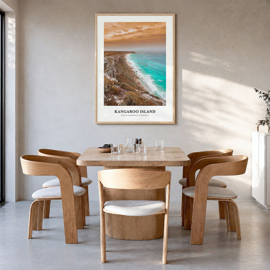 Kangaroo Island Classic Poster in a natural wood frame, hanging in a dining room