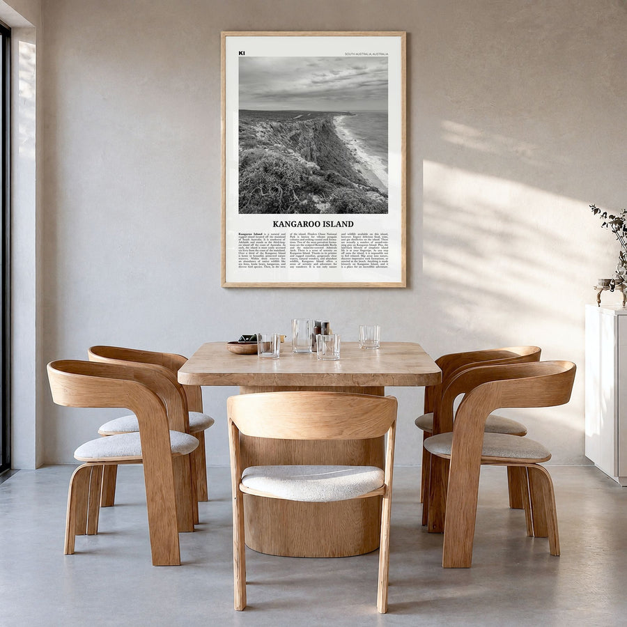 Kangaroo Island Newspaper Poster in a natural wood frame, hanging in a dining room