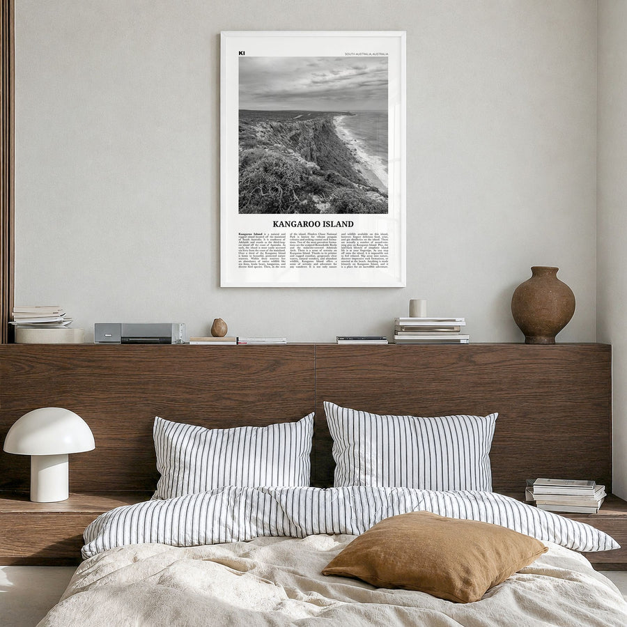 Kangaroo Island Newspaper Poster in a white wood frame, hanging in a bedroom