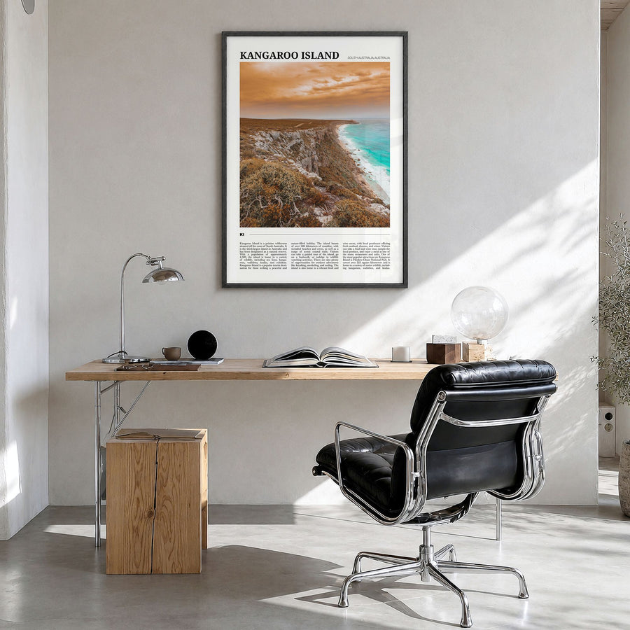 Kangaroo Island Travel Poster in a black wood frame, hanging in a bright home office