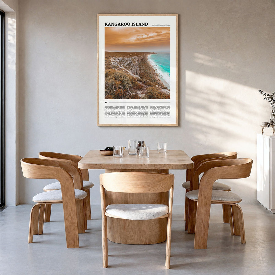 Kangaroo Island Travel Poster in a natural wood frame, hanging in a dining room