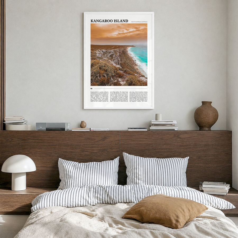 Kangaroo Island Travel Poster in a white wood frame, hanging in a bedroom
