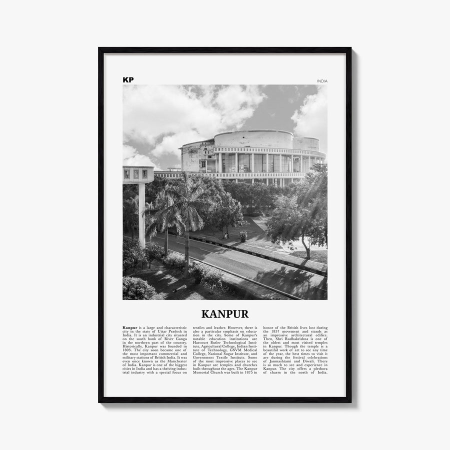 Kanpur black & white newspaper poster of India – vertical wall art, unframed print shown in interior mockup