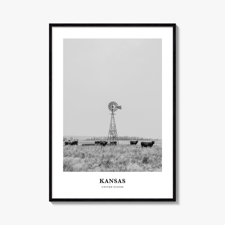 Kansas black & white classic poster of United States – vertical wall art, unframed print shown in interior mockup