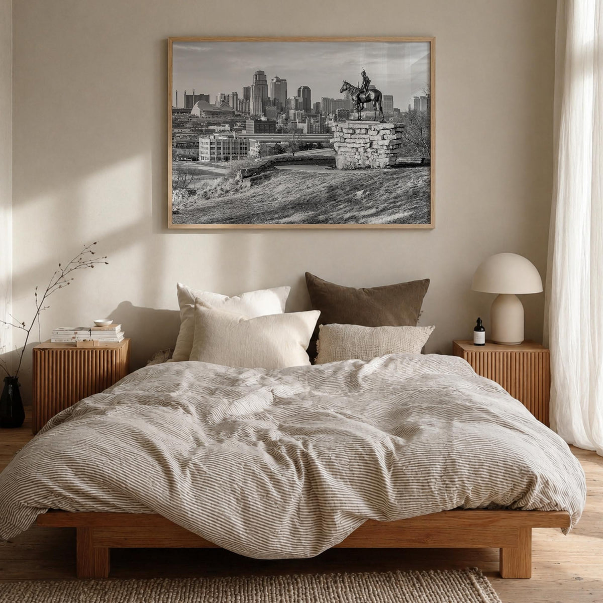 Kansas black & white photo poster of United States – horizontal wall art in natural wood frame, hanging on wall