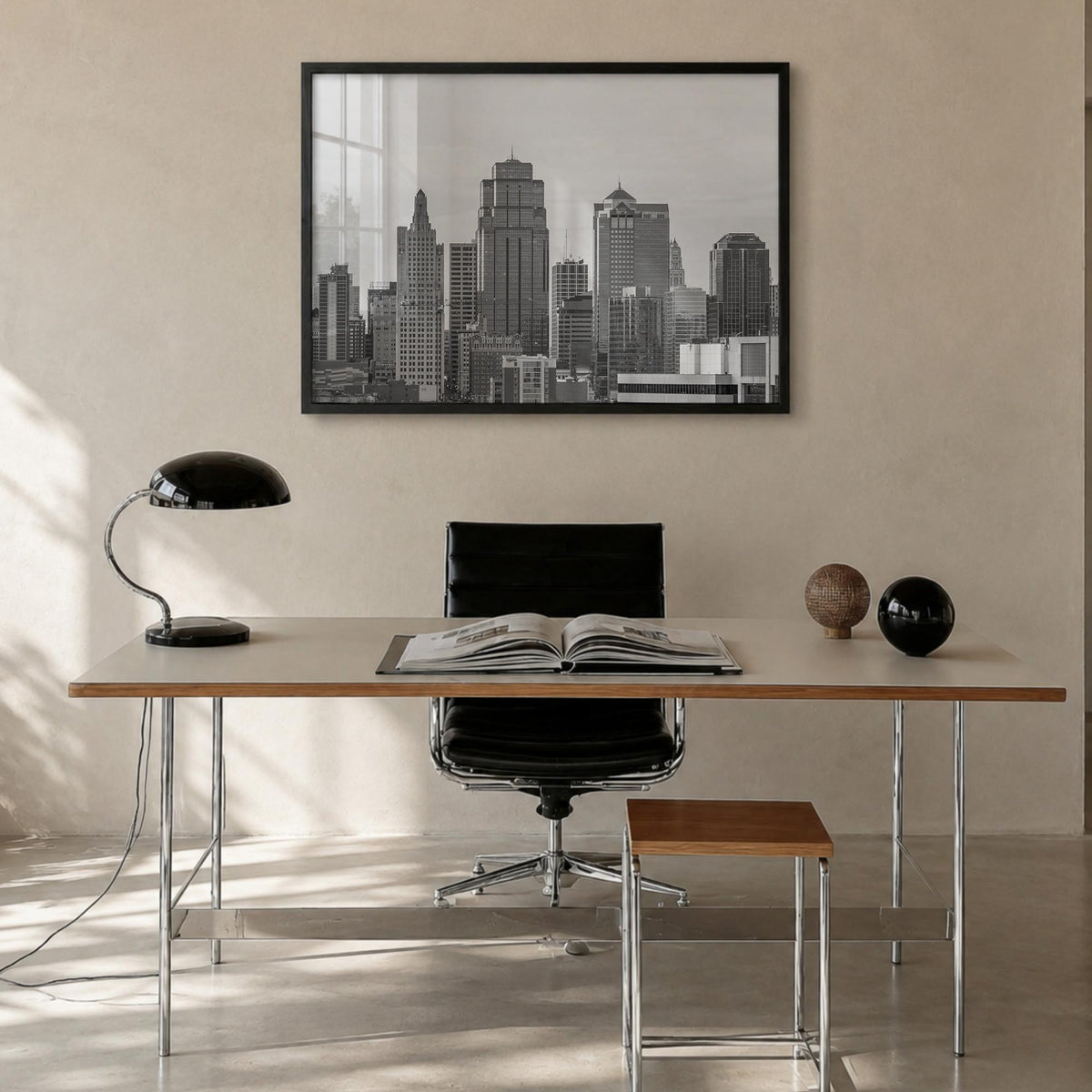 Kansas City black & white photo poster of Missouri, USA – horizontal wall art in black wood frame, hanging on wall