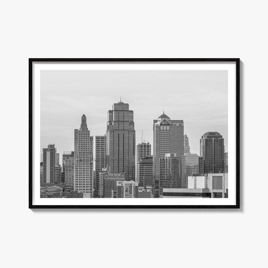 Kansas City black & white photo poster of Missouri, USA – horizontal wall art, unframed print shown in interior mockup