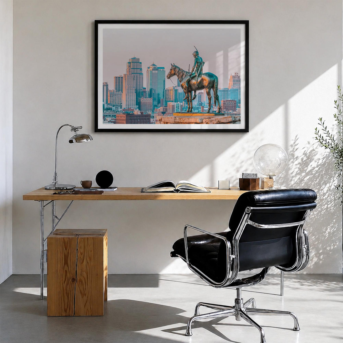 Kansas City colorful photo poster of Missouri, USA – horizontal wall art in black wood frame with white border, hanging on wa