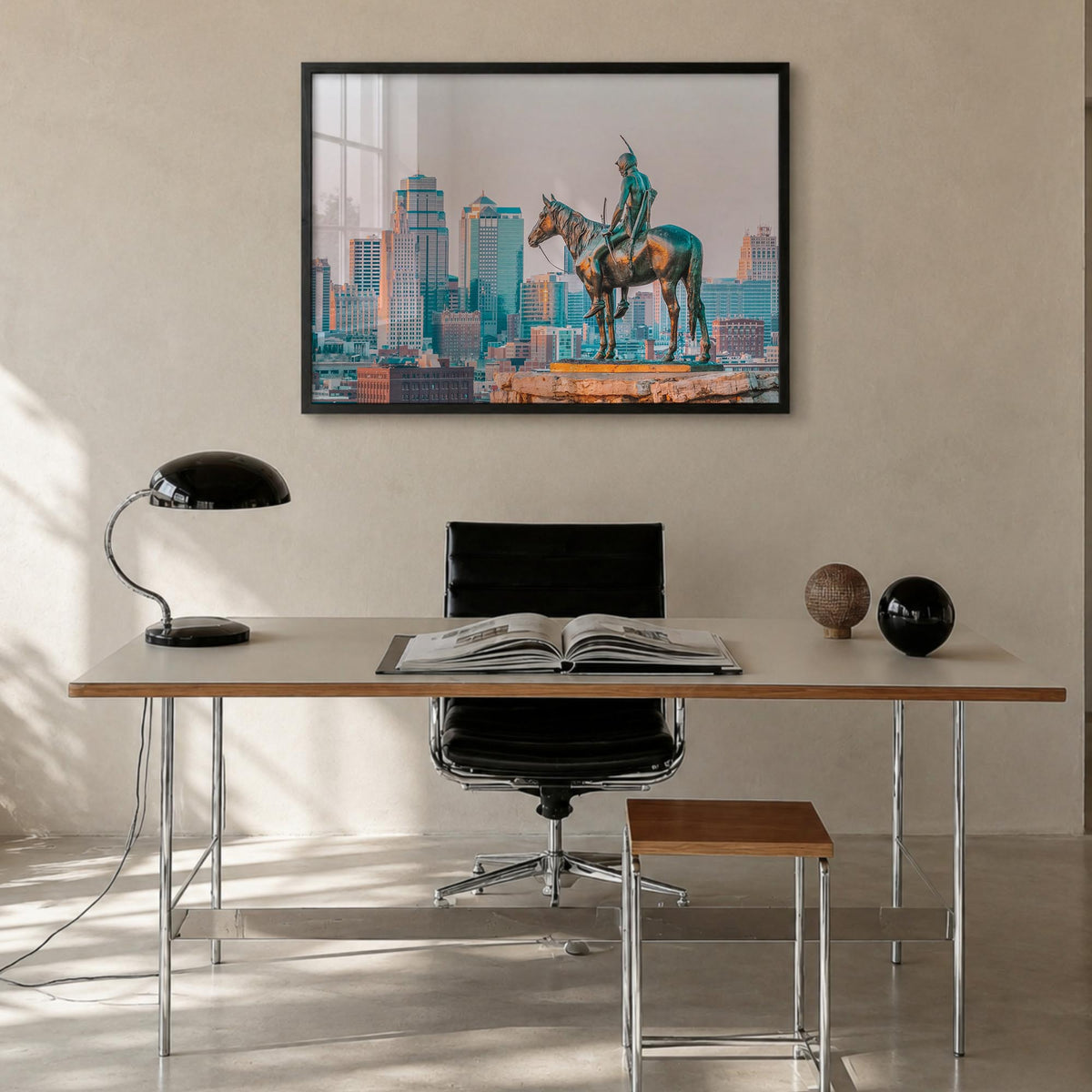 Kansas City colorful photo poster of Missouri, USA – horizontal wall art in black wood frame, hanging on wall