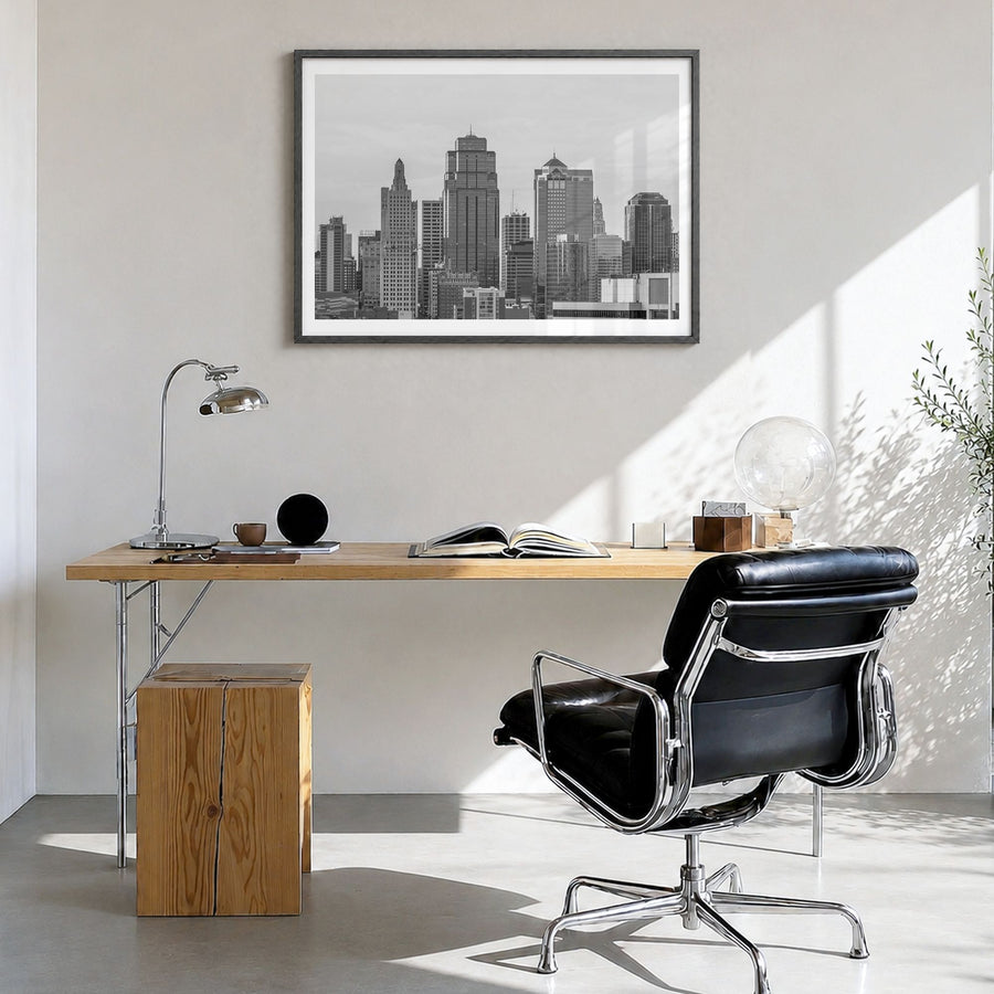 Kansas City, Missouri Photo Poster in a black wood frame, hanging in a bright home office, white border