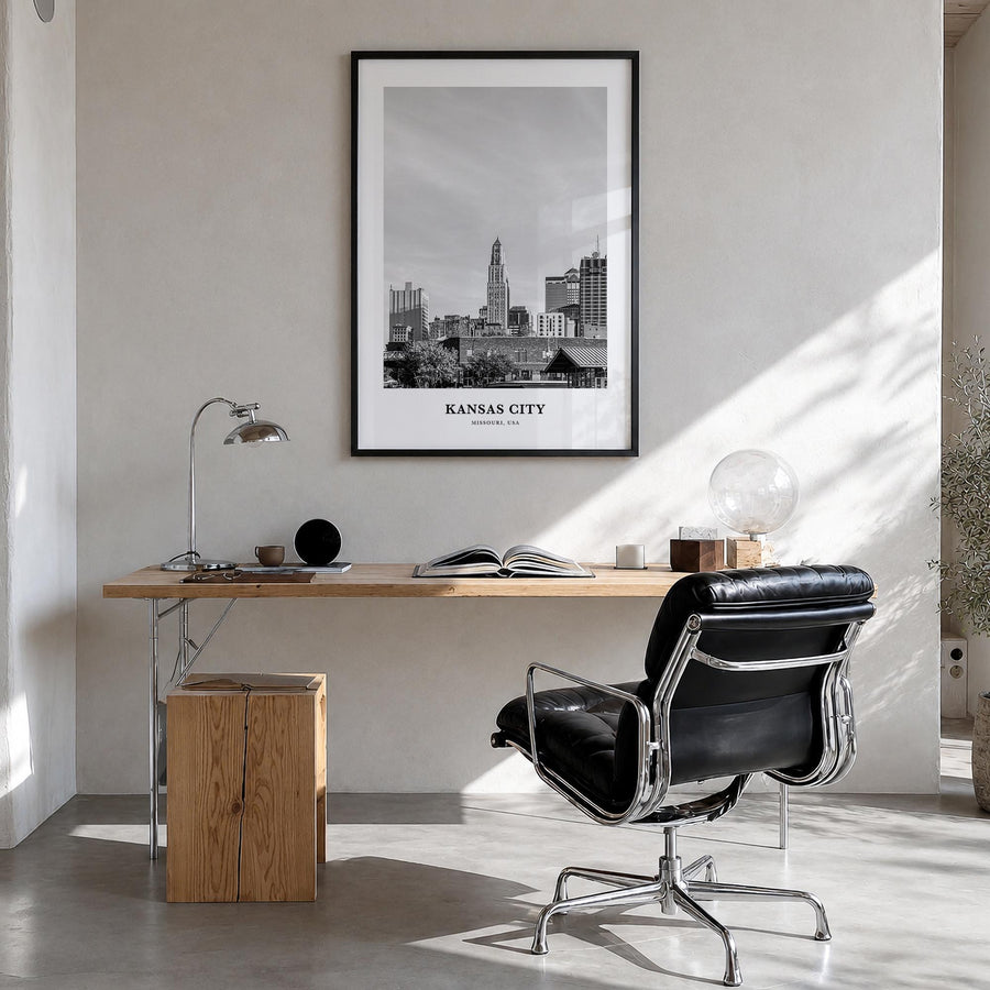 Kansas City no. 1 black & white classic poster of Missouri, USA – vertical wall art in black wood frame, hanging on wall