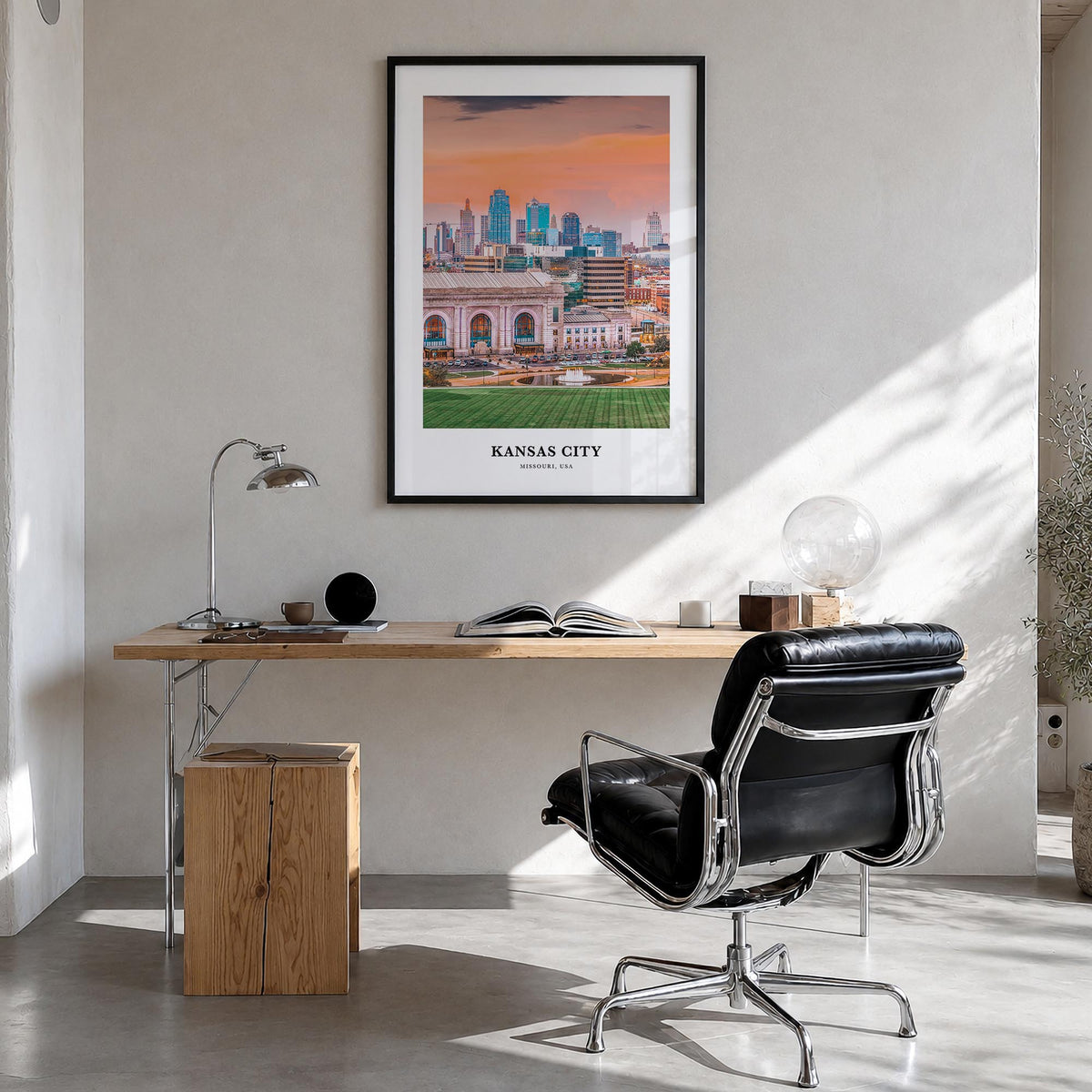 Kansas City no. 1 colorful classic poster of Missouri, USA – vertical wall art in black wood frame, hanging on wall