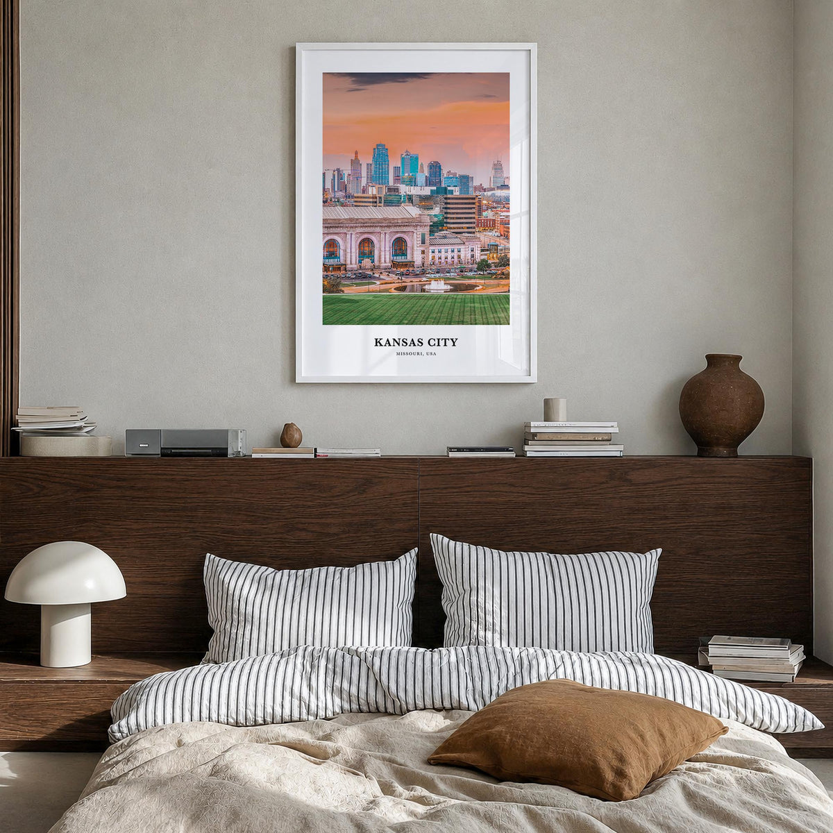 Kansas City no. 1 colorful classic poster of Missouri, USA – vertical wall art in white wood frame, hanging on wall