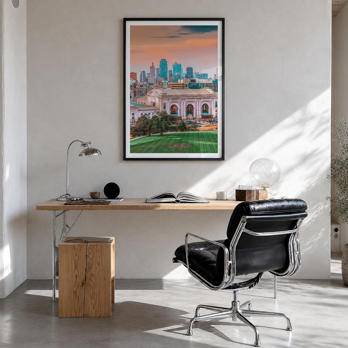 Kansas City no. 1 colorful photo poster of Missouri, USA – vertical wall art in black wood frame with white border, hanging o