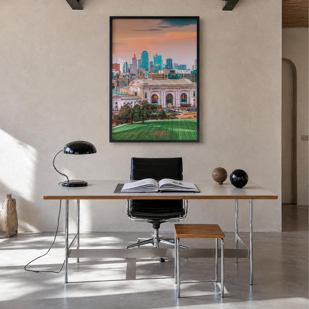 Kansas City no. 1 colorful photo poster of Missouri, USA – vertical wall art in black wood frame, hanging on wall