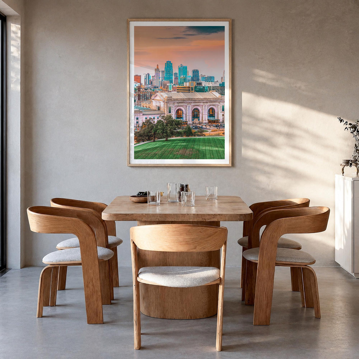 Kansas City no. 1 colorful photo poster of Missouri, USA – vertical wall art in natural wood frame with white border, hanging