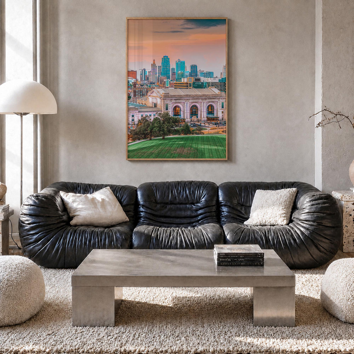 Kansas City no. 1 colorful photo poster of Missouri, USA – vertical wall art in natural wood frame, hanging on wall