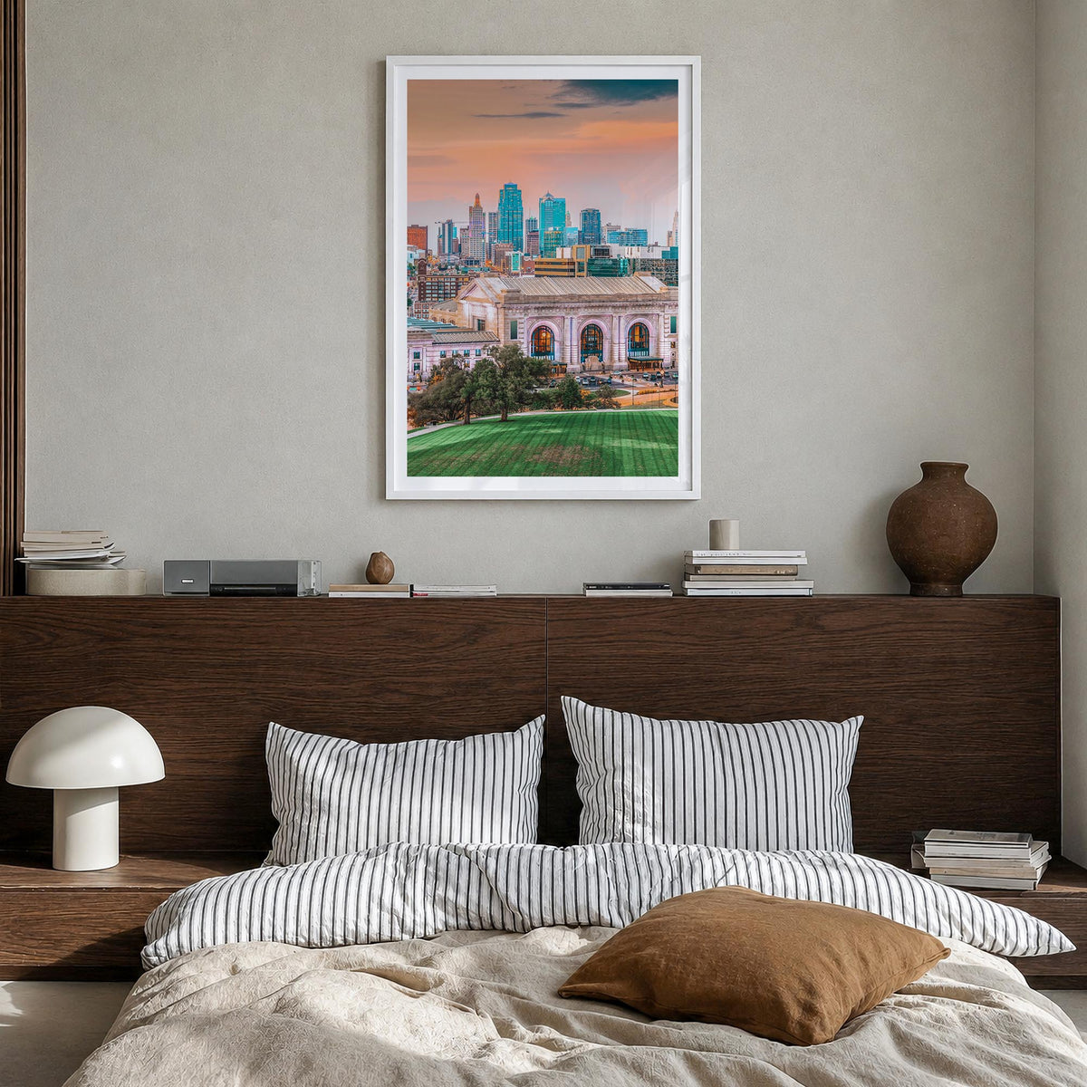 Kansas City no. 1 colorful photo poster of Missouri, USA – vertical wall art in white wood frame with white border, hanging o
