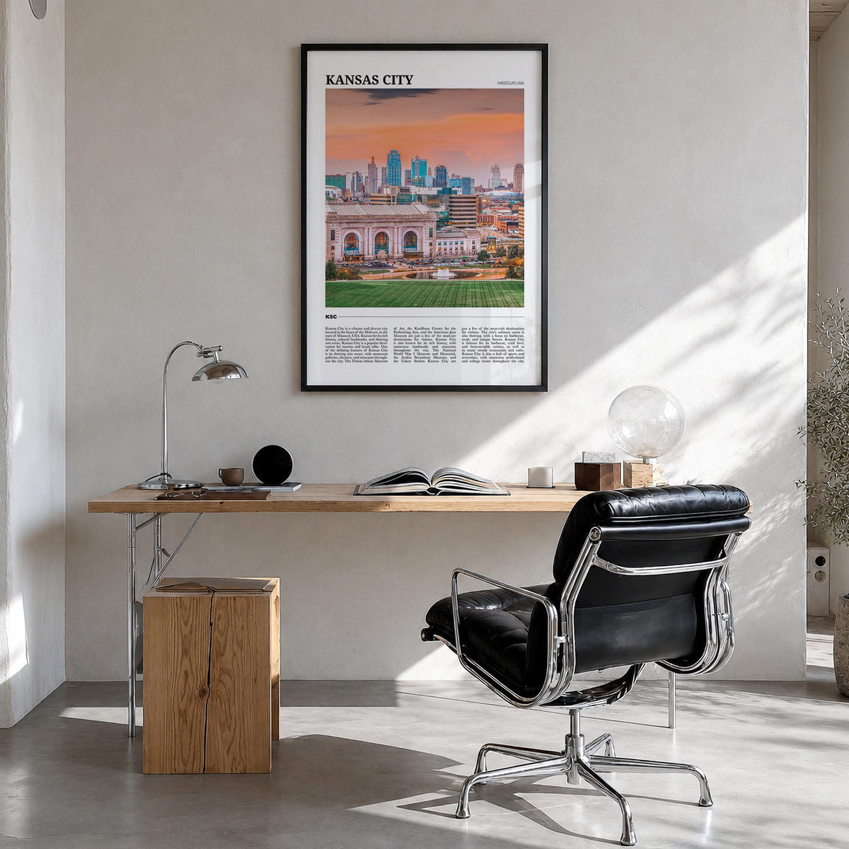 Kansas City no. 1 colorful travel poster of Missouri, USA – vertical wall art in black wood frame, hanging on wall