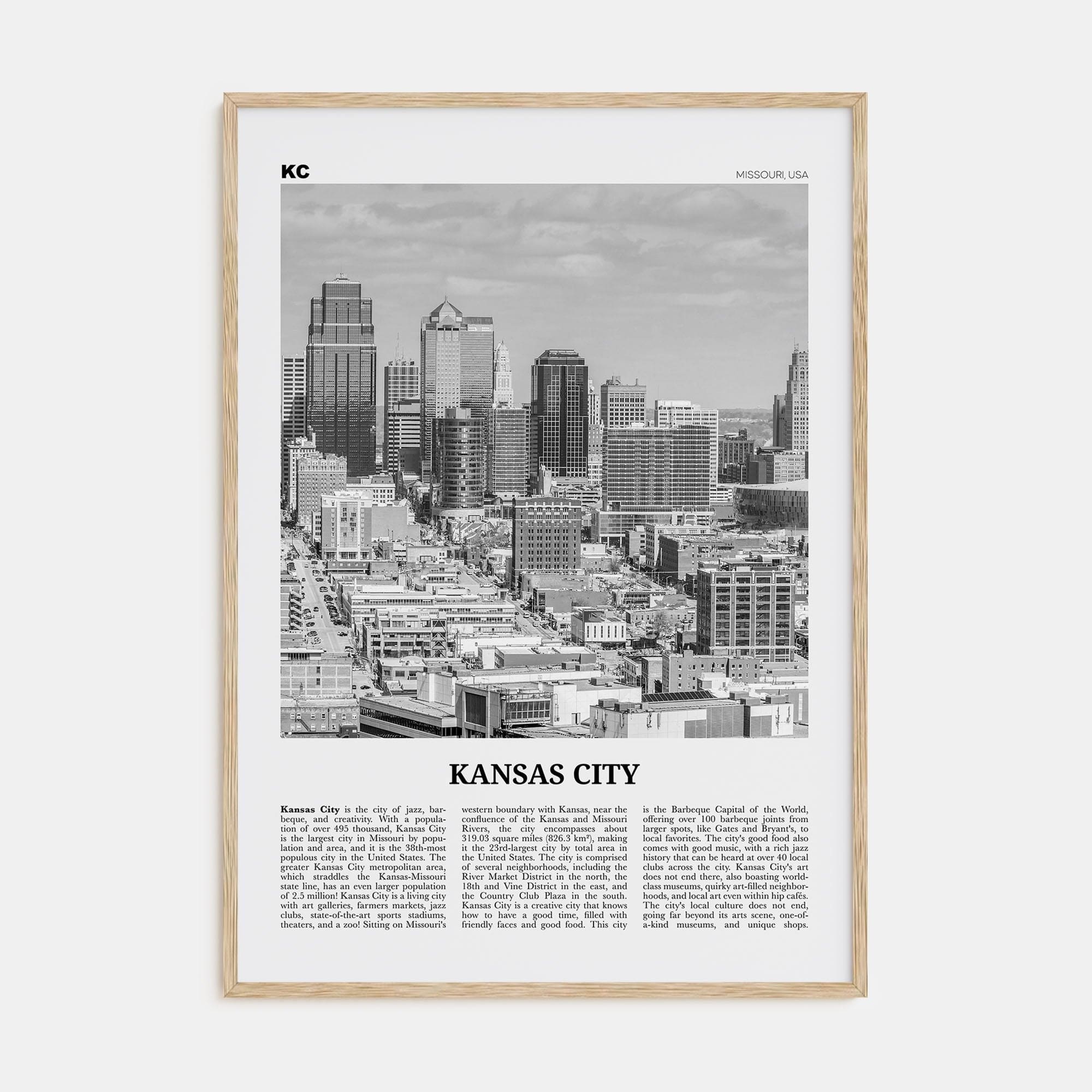 Kansas City No 1 Poster Natural Wood / 8x12 in Nbourhood Travel B&W Poster